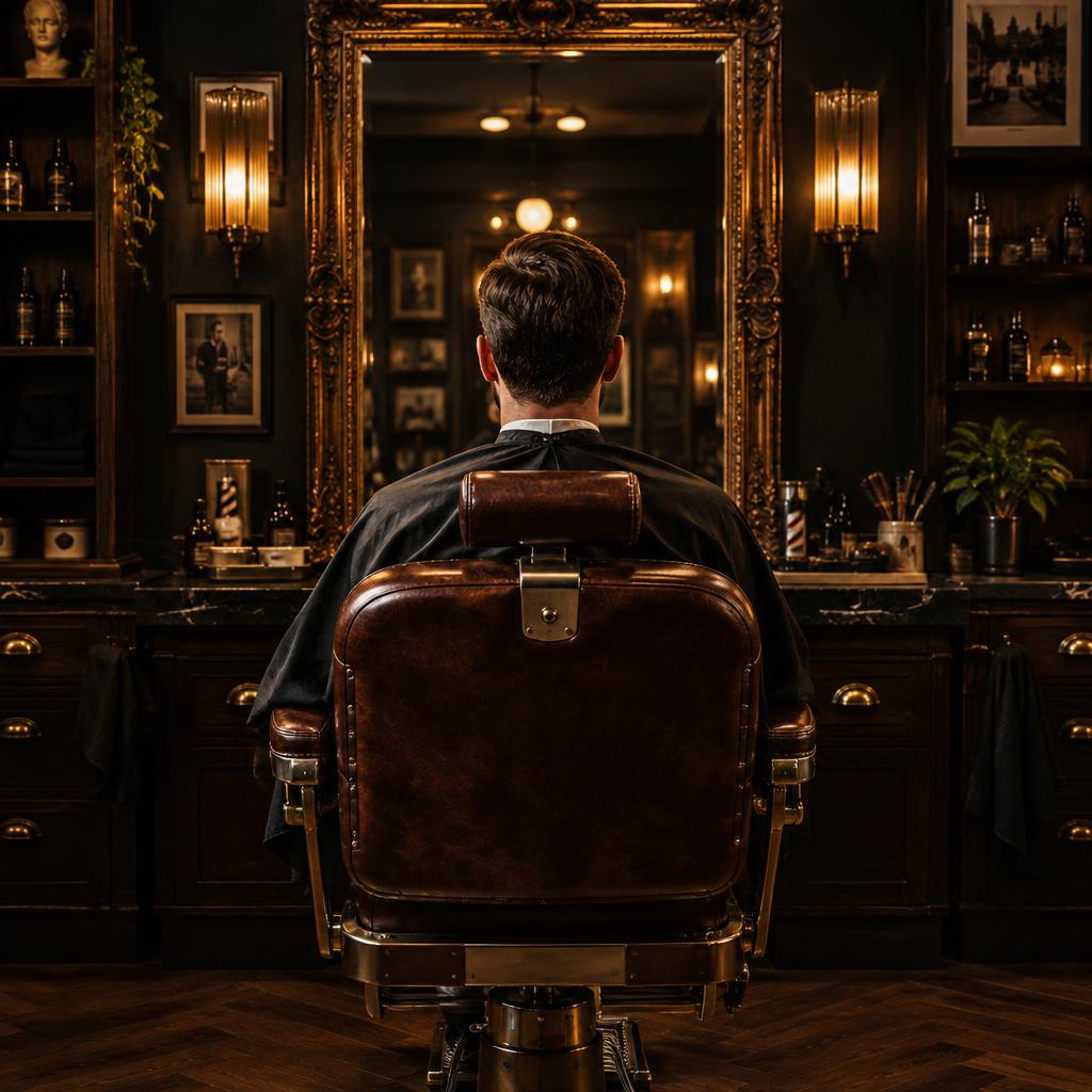 Barberské křeslo před zrcadlem